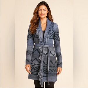 Badgley Mischka blue and black jacquard knit shawl belted fringe long cardigan